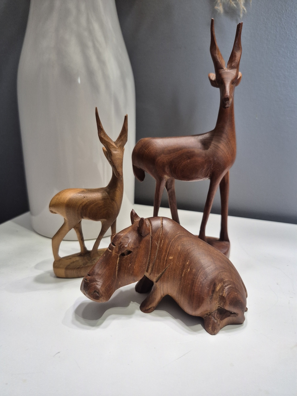 Vintage Hand-Carved Wood African Animal Set - Hippo & 2 Antelopes